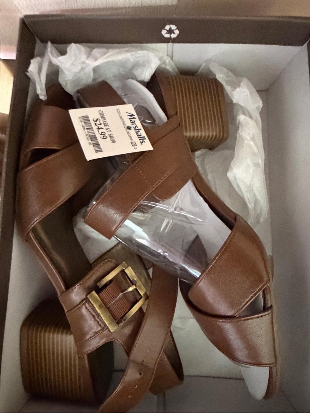 LifeStride Tan Brown Block Heel Sandals with Gold Buckle
